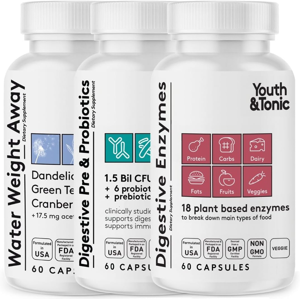 Gençlik ve Tonic Bloating Relief with Pre and Probiyotiks for Water Retention, Occasional Constipation, or Food Digestion with Water Pills and Digestive Enzymes