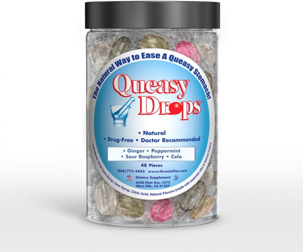 Üç Lollies Queasy Drops- Supports Motion Hastaness Relief. Ayrıca hamilelik ve sabah Hastalığı Yardımı. Stomach Settle Drops Assorted 48 Count