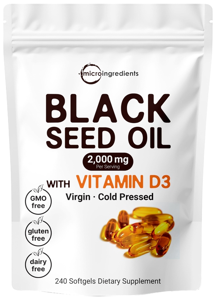 Micro Materialss Black Seed Oil 2000 mg with Vitamin D3 1000 IU, 240 Softgels | Cold Pressed - Nigella Sativa Pills from Egypt, Virgin Oil, Odorless, Non-GMO & No Glutenten