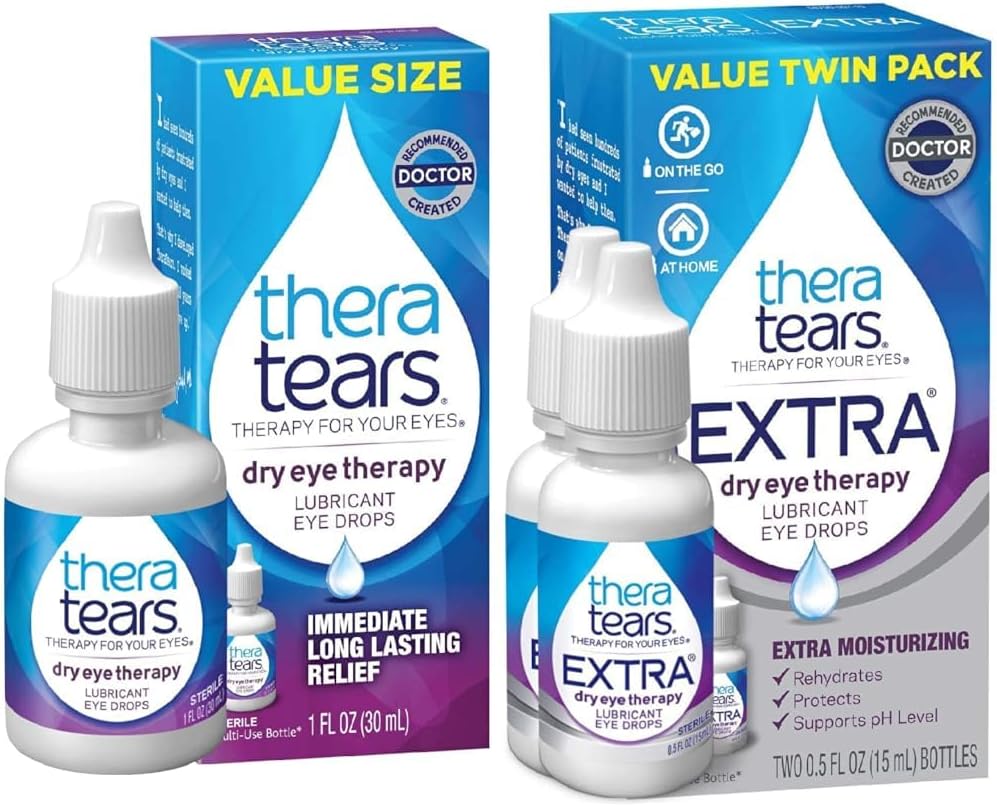 TheraTears Kuru Eye Therapy Eye Drops for Kuru Eyes, 1.0 Fl Oz & Ekstra Kuru Göz Terapisi Kuru Gözler için Göz Bırakıyor, 0,5 fl oz Şişe, 2 Kont(Pack of 1)