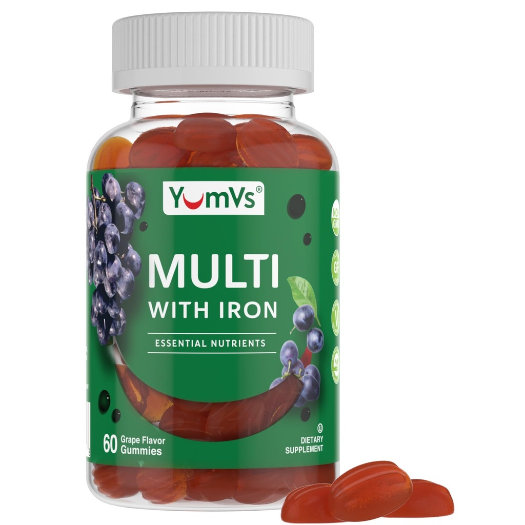 YUM-V'S Iron Gummies - Vitamin C, A, B & çinko ile Multivitamin Demir Supplement, Destek Kan Oksijeni, Vegan Supplements for Women, Men & Kids for growth and Development - Grape Flavor | 60 Kont