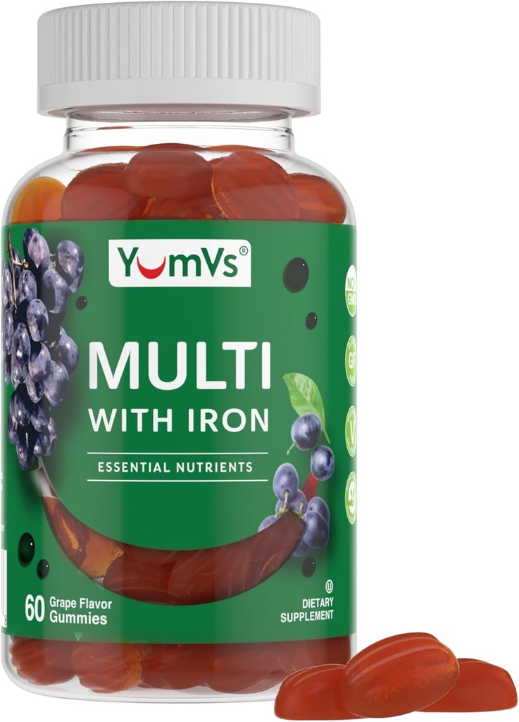 YUM-V'S Iron Gummies - Vitamin C, A, B & çinko ile Multivitamin Demir Supplement, Destek Kan Oksijeni, Vegan Supplements for Women, Men & Kids for growth and Development - Grape Flavor | 60 Kont