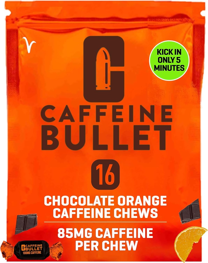 Caffeine Bullet Energy Chews - Chocolate Orange. 16 * 85 mg - Faster Kick Than Pills, Gels & Gum. Sport Science for Run, Bisiklet, Oyun. Pre Workout Endurance Boost.