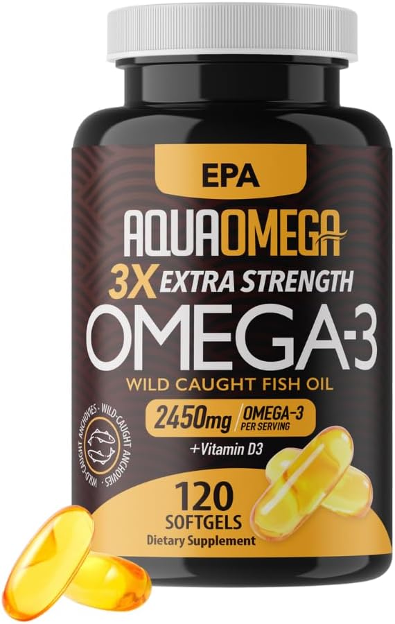 Triple Strength Omega 3 Fish Oil Supplements, High EPA Fish Oil Omega 3 Supplements, EPA ve DHA Omega3 Fatty Acids with Vitamin D, High Potency Omega3 Supplement, 120 Softgels, Unflavoreded