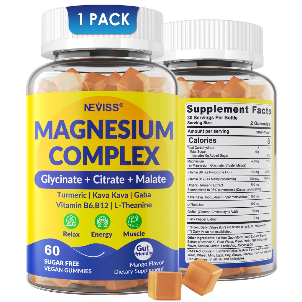 Μαγνήσιο Σύμπλοκο Gummies 400mg, Μαγνήσιο Γλυκινικό Κιτρικό Μηλίτη + Κουρκουμάς, GABA, B6 B12, Κάβα Κάβα, L-Θεανίνη για τον ύπνο, ηρεμία, χαλάρωση, ενέργεια, Μαγνήσιο Gummies για τις γυναίκες άνδρες, Vegan, 60 Cts