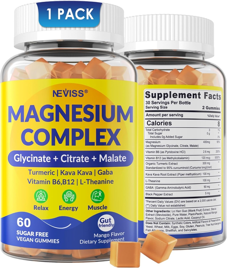 Magnezyum Kompleks Gummies 400 mg, Magneisum Glycinate Citrate Malate + Turmeric, GABA, B6 B12, Kava, L-Theanine for Sleep, Calm, Relaxation, Energy, Magnezyum Gummies for Women Men, Vegan, 60 Cts