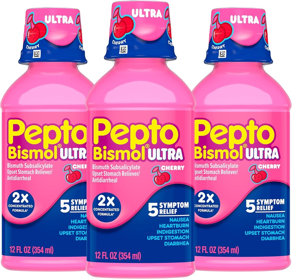 Pepto Bismol Liquid Ultra Nausea, Heartburn, Indigestion, Upset Stomach ve Diarrhea - 5 Symptom Fast Relief, Cherry Flavor 12 oz (Pack of 3)
