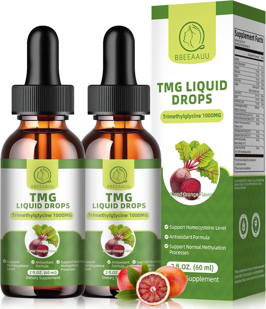 TMG Συμπληρώματα 1000MG - Trimethylglycine Υγρές σταγόνες, Betaine Υψηλή απορρόφηση, υποστηρίζει μεθυλίωση, ηπατική ευεξία & Γνωστική, μη-GMO, Vegan, γεύση πορτοκαλιού αίματος, 2 Fl.Oz (2 Pack)