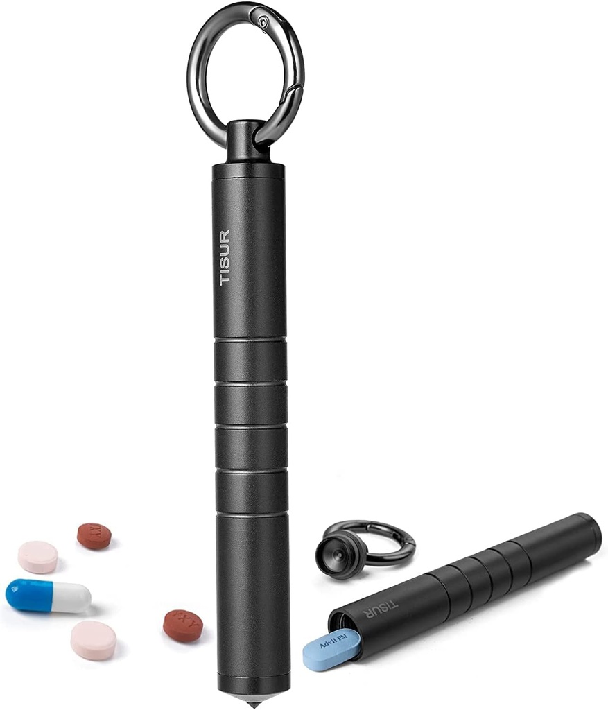 TISUR Small Metal Pill Organizer, Titanyum Gıda Pill Sahibi Seyahat Pill Box Case Multitool EDC Her Gün Erkekler için Hareket Ediyor (Black Titanyum)