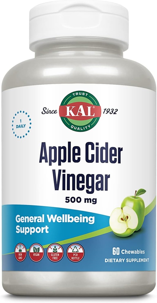 KAL Chewable Tabletler, Apple Cider Vinegar, 500 mg, 60 Count