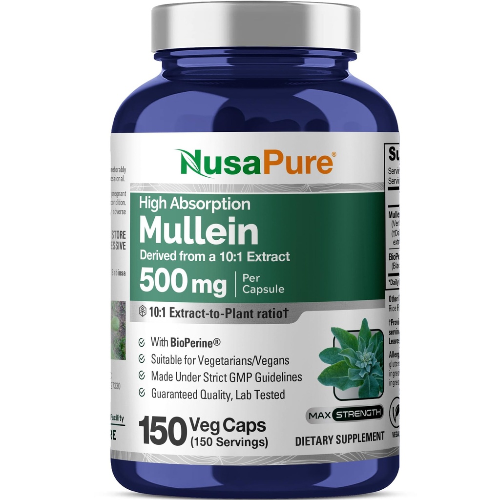 NusaPure Mullein Leaf Capses 10:1 Extract, 500 mg Ισοδύναμο με 5.000 mg ανά Veggie Caps - 150 Count - Verbascum Thapsus (Non-GMO, Vegan) Συμπλήρωμα διατροφής