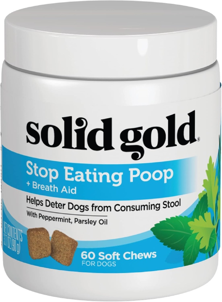 Solid Gold No Poo Chews for Dogs - Coprophagia Deterrent & Stool Eating Deterrent for Dogs That Eat Dog Poop - Stop Yeme Poop Chews with Peppermint & Probiyotiks for Gut & Breath Support - 60ct