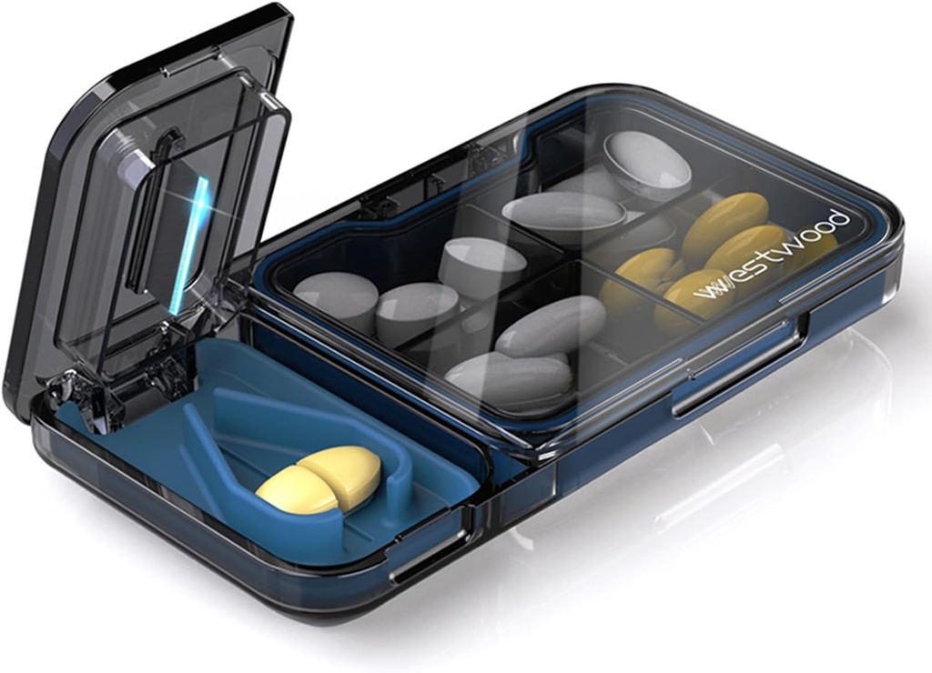 Seyahat Pill Splitter, 4 Karşılaştırma Pill Case, Pocket Purse için Küçük Pill Box, Günlük Pill Konteyner Vitaminleri Cod Liver Oil Supplements, Tıp Planlayıcı (Black)