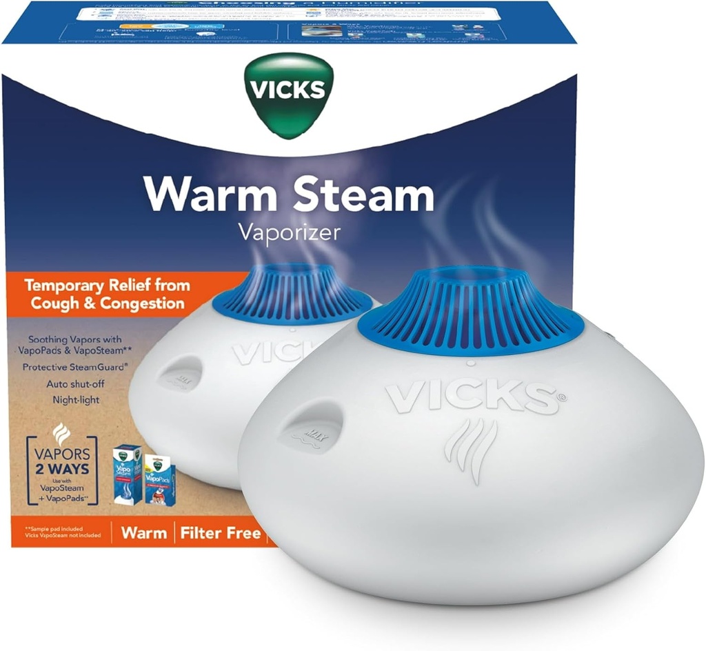 Vicks Warm Steam Vaporizer, Small to Medium Rooms, 1.5 Gallon Tank – Θερμό υγρό για μωρά και παιδιά δωμάτια με νυχτερινό φως, λειτουργεί με Vicks VapoPads και VapoSteam