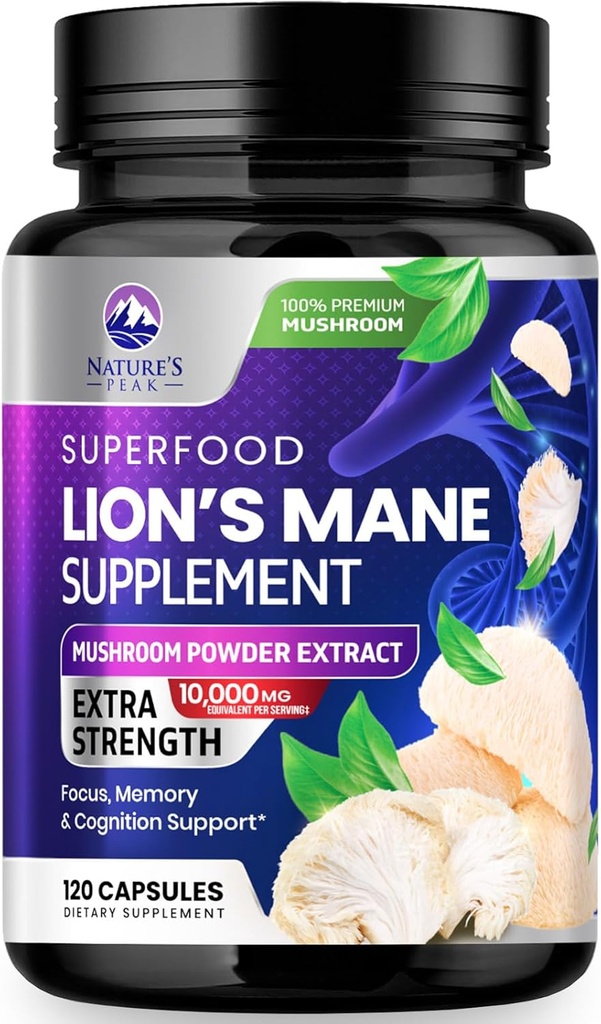 Κάψουλες Mane Mushroom 10.000mg - Κάψουλες συμπλήρωμα Mane Lion για την υποστήριξη μνήμης και εστίασης, εγκέφαλος, υποστήριξη ανοσοποιητικής υγείας, Vegan, Εμφιαλωμένο στις ΗΠΑ, εκχύλισμα σκόνης Lions Mane Mushroom, 120 Count