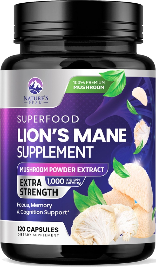 Lions Mane Mushroom Capsules 10.000mg - Lion's Mane Supplement Capsules for Memory and Focus Support, Brain, Immune Health Support, Vegan, ABD'de Şişelenmiş, Lions Mane Mushroom Toz Ekstraksiyon, 120 Kont