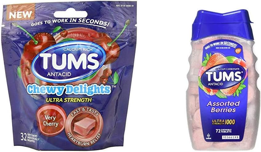Tums Chewy Delights μαλακά μάσημα, πολύ κεράσι, 32 εκ. & μαστοί Ultra Strength 1000 αντιόξινα, διάφορα μούρα, 72 δισκία