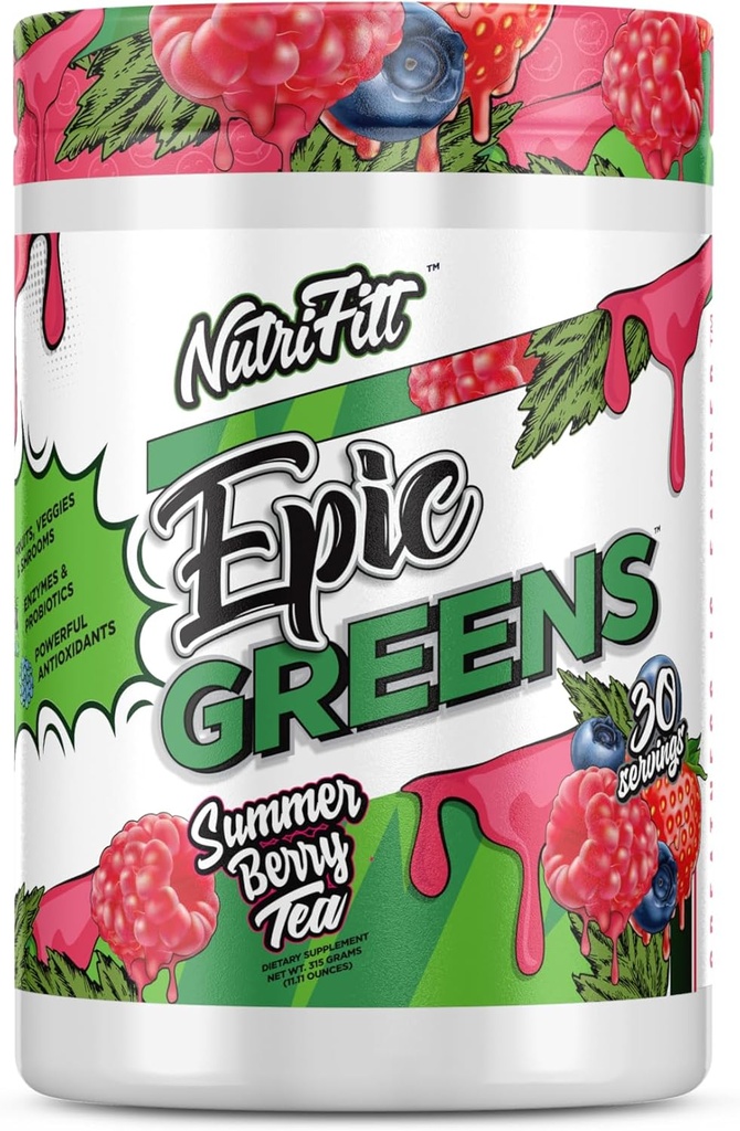 NutriFitt Epic Πράσινα, Συσκευασμένα με Αντιοξειδωτικά, Φρούτα, Veggies, και Μανιτάρια, Ενισχύστε την Απόδοση, Ταχύτητα μέχρι Ανάκτηση (30 εξυπηρετούν, Καλοκαιρινό Τσάι Berry)