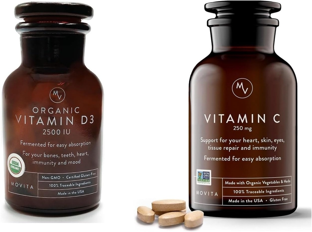 Movita Organik Vitamin D3 2500IU, Şişe Fermented Vitamin C 250mg Şişe