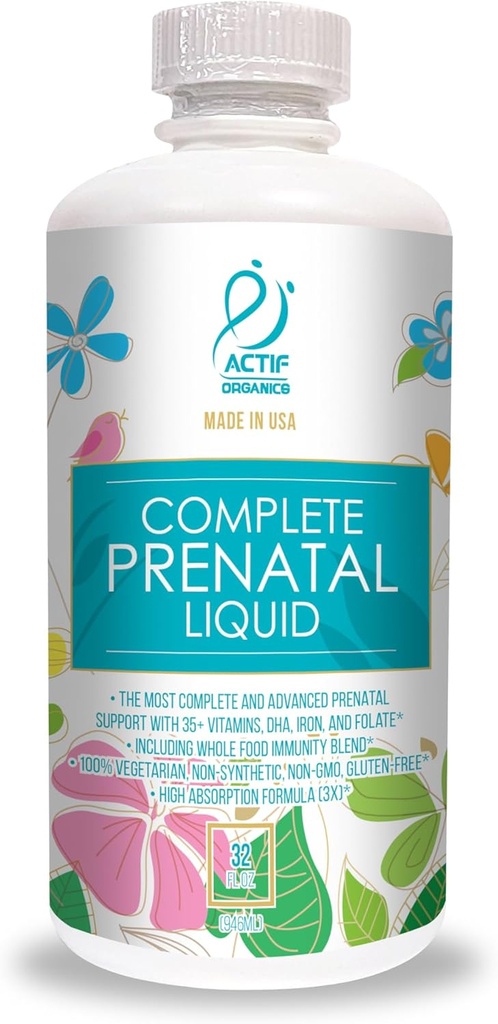 ACTIF Organic Complete Prenatal Liquid ile 35+ Vitamin ve Organik Herbs, DHA ve Choline ile ABD'de yapılan, 32oz