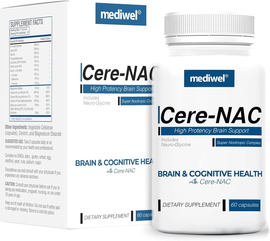 Cere-NAC Advanced Brain Supplement - Γνωστική & Ψυχική Καθαρότητα Υποστήριξη - NAC, Γλυκίνη, Alpha GPC, Κιτικολίνη, L-Θεανίνη, Φωσφατιδυλσερίνη, Β Βιταμίνες, Άλφα Λιποϊκό Οξύ - Κατασκευασμένο στις ΗΠΑ