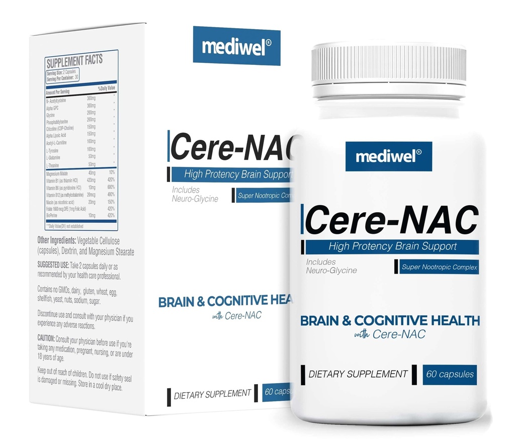 Cere-NAC Gelişmiş Beyin Tamamı - Bilişsel ve Zihinsel Clarity Desteği - NAC, Glycine, Alfa GPC, Citicoline, L-Theanine, Phosphatidylserine, B Vitaminleri, Alfa Lipoic Asit - ABD'de Made