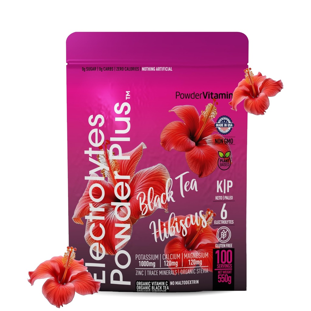 PowderVitamin Electrolytes Powder Plus (100 μερίδες) Μαύρο Τσάι Hibiscus Electrolyte Powder Keto, Χωρίς ζάχαρη, Pink Αλάτι Ιμαλαΐων,1000mg Κάλιο,120mg Ασβέστιο,120mg Μαγνήσιο, Σκόνη Ενυδάτωσης