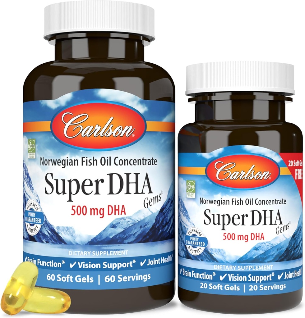 Carlson - Super DHA Gems, 500 mg DHA Συμπληρώματα, 640 mg Λιπαρά Οξέα, Wild-Caught Νορβηγικό ιχθυέλαιο Αρκτικής Συμπυκνωμένο, Με Βιώσιμη προέλευση Nordic Fish Oil Κάψουλες, 60+20 Softgels