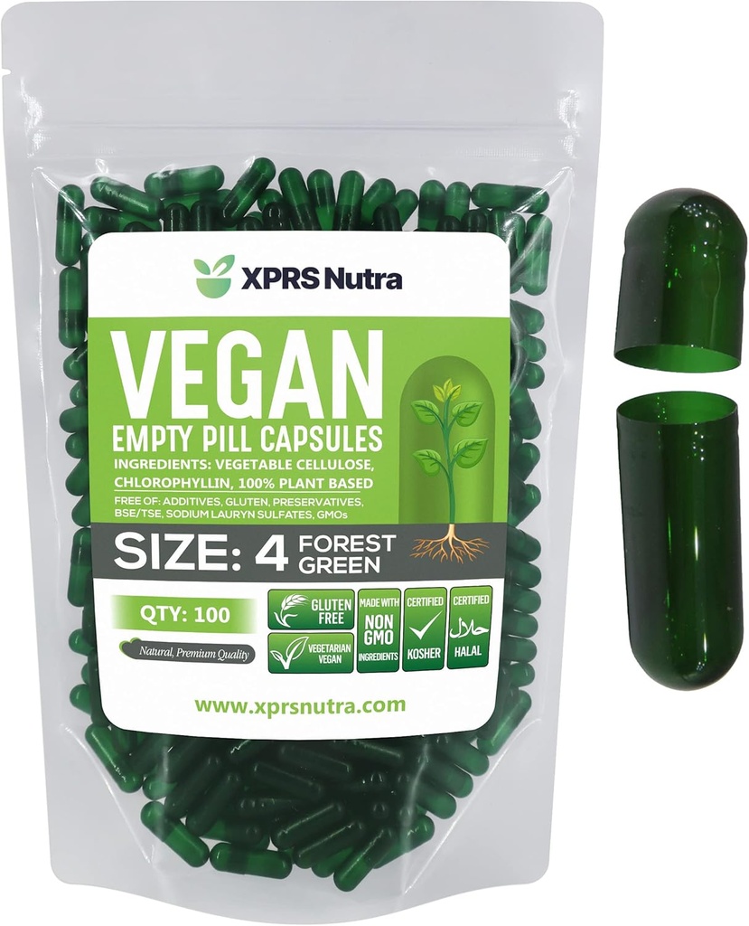 XPRS Nutra Boyutu 4 Boş Kapsüller - 100 Kont Küçük Boş Vegan Capsules - DIY Sebze Kapsülü - Tamamlanabilir Do-Kendi Veggie Pill Caps for Supplements (Forest Green)