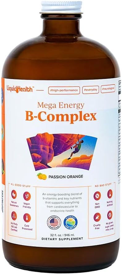 LIQUIDHEALTH Mega Energy Metilated B-Complex, Yetişkin Sıvı Vitamin Supplement - Enerjiyi artırmak, Stres ve Fatigue, Immune Support, Heart & Gut Health - Made in USA, Vegan, Sugar-Free (32 oz)