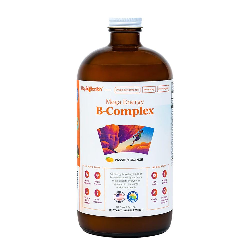 LIQUIDHEALTH Mega Energy methylated B-Complex, Adult Liquid Vitamin Supplement - Αυξήστε την ενέργεια, Ανακουφίστε το στρες & Κόπωση, Immune Support, Heart & Gut Health - Made in USA, Vegan, Sugar-Free (32 oz)