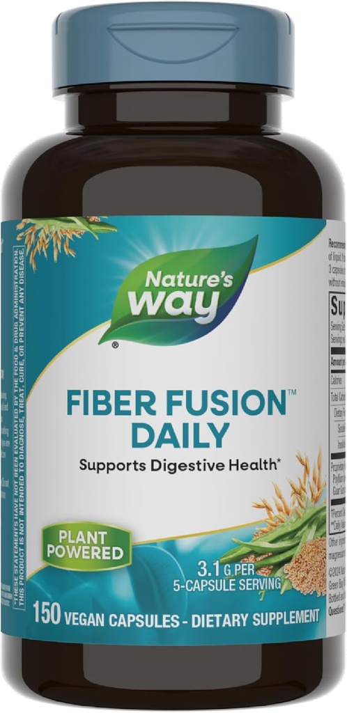 Nature's Way Fiber Fusion Daily, Psyllium Husk Capsules with Oat Bran, Guar Gum, Pectin, Digestive Health Support*, Vegan, 150 Capsules (Pazar May Vary)