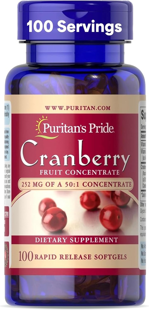 Puritan's Pride Premium Cranberry Fruit Inter 252 mg (12,600 mg Eşdeğer) C ve E, Diyetsel Supplement for Immune System Support, 100 Hızlı Yayın Softgels