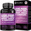 Lions Mane 3000 mg, Türkiye Tail 3000 mg, Reshi 1000 mg, Cordycps 10o0mg, Chaga 1000 mg, Maitake Meshima Poria Cocos Shiitake Oyster Porcini Enoki ile Mushroom Supplement, 60 Capsules