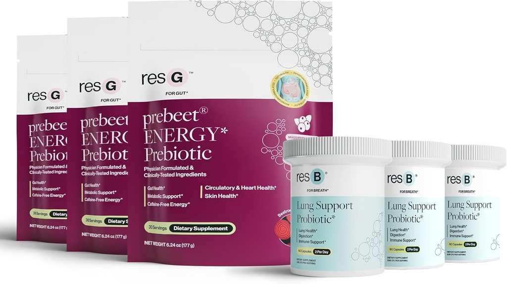 Power Gut Sche - Lung Probiyotik & GLP-1 Prebiyotik, Klinik olarak Respiratory Health Support & Metabolism Boost, Supplement Vitamins - resB (90 Hizmet) & Prebeet (90 Hizmet)