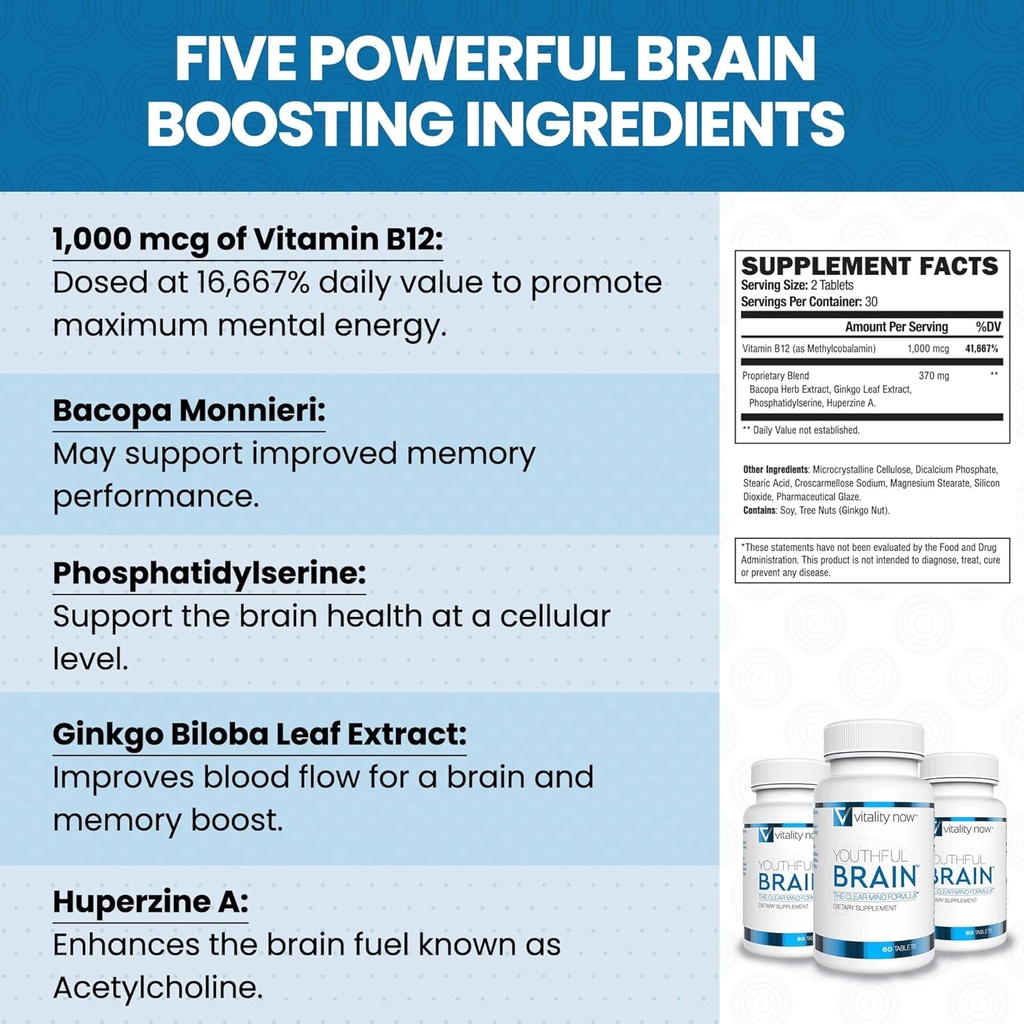 Genç Beyin | Memory & Brain Health Support Supplement with Bacopa Monnieri, Ginkgo Biloba, B12 - Swallow Tabletlerine Kolay - 30 Günlük Supply (60) Kont