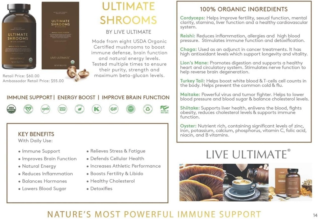 Live Ultimate Shrooms USDA Certified Whole Food Mushroom Extract Powder - 8 Βιολογικά Μανιτάρια Συμπεριλαμβανομένων Chaga, Cordyceps, και Reishi Mushroom Extract - Φυσική ενέργεια, ανοσοποιητική υποστήριξη και Detox