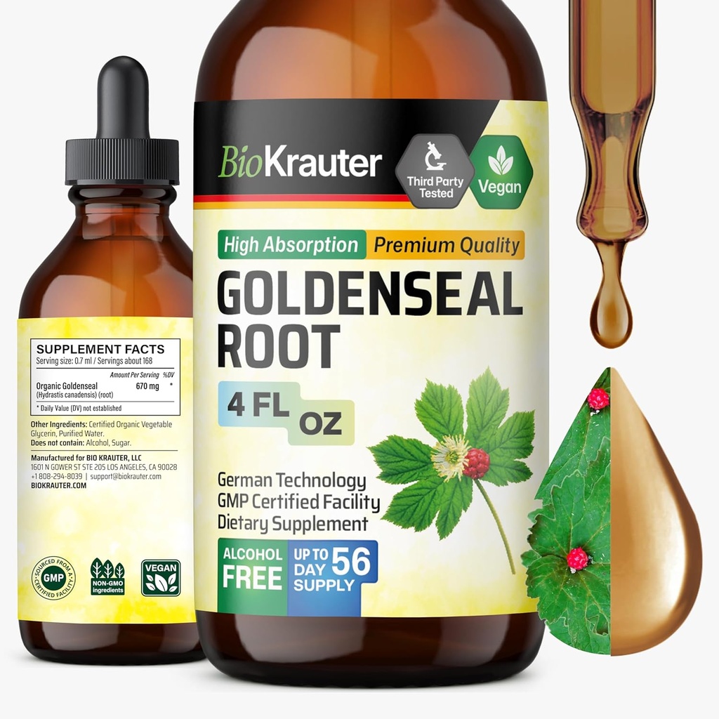 BIO KRAUTER Goldenseal Tincture - Vegan Lung Cleanse & Detox - Golden Seal Herb Supplement - Alkol & Sugar Free Drops - 4 Fl.Oz.
