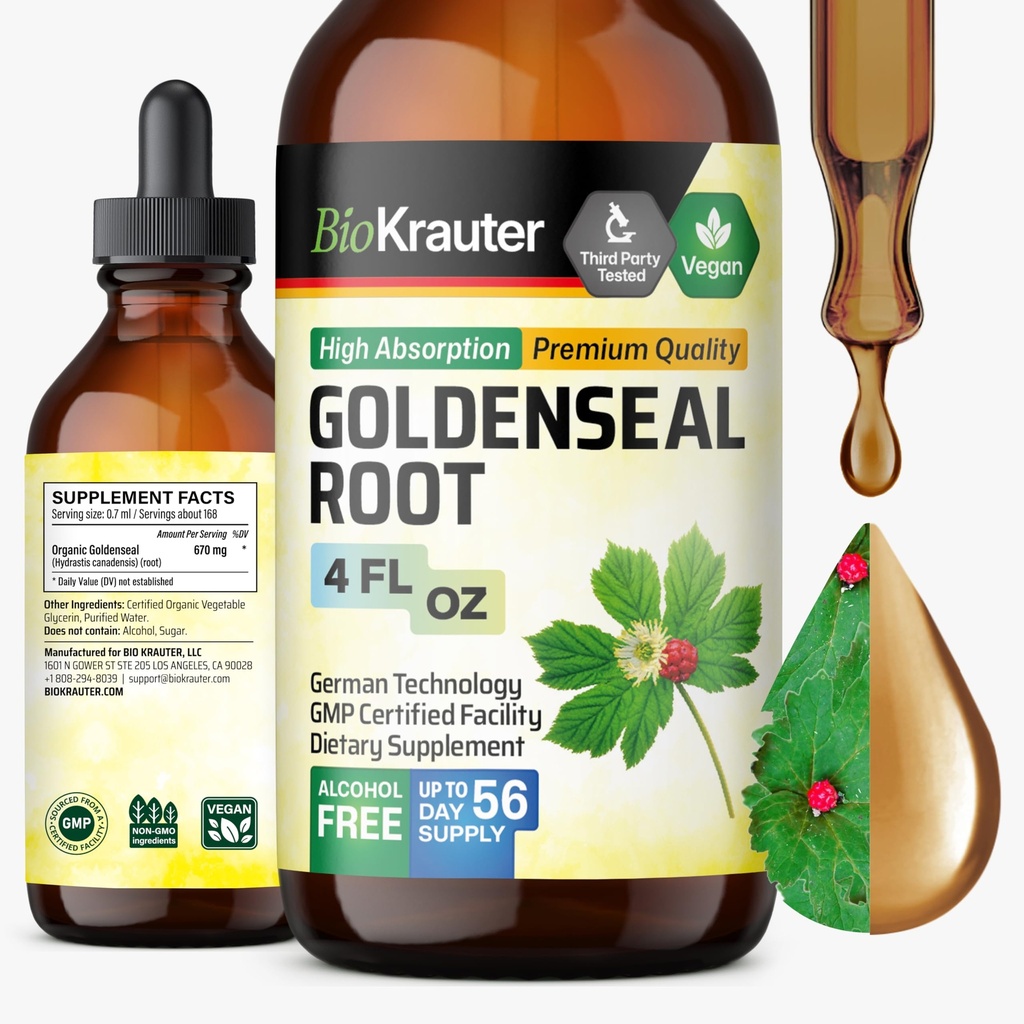 BIO KRAUTER® Goldenseal Root for Immune & Respiratory Support - Vegan Goldenseal Tincture 4 Fl.Oz - Liquid Golden Seal for Digestive Support 670mg per Serving - Alcohol & Sugar Free, 56-Day Supply
