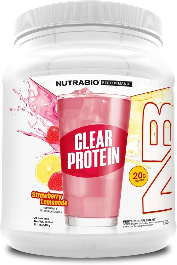 NutraBio Clear Protein Toz, Strawberry Lemonade - 20 Hizmet, 20g Clear Whey Protein Isolate, 0 Sugar, 0g Lactose, Yenileme Meyveleri Flavors, GLP1 Desteği -Bone Health -Muscle Post Workout Recovery