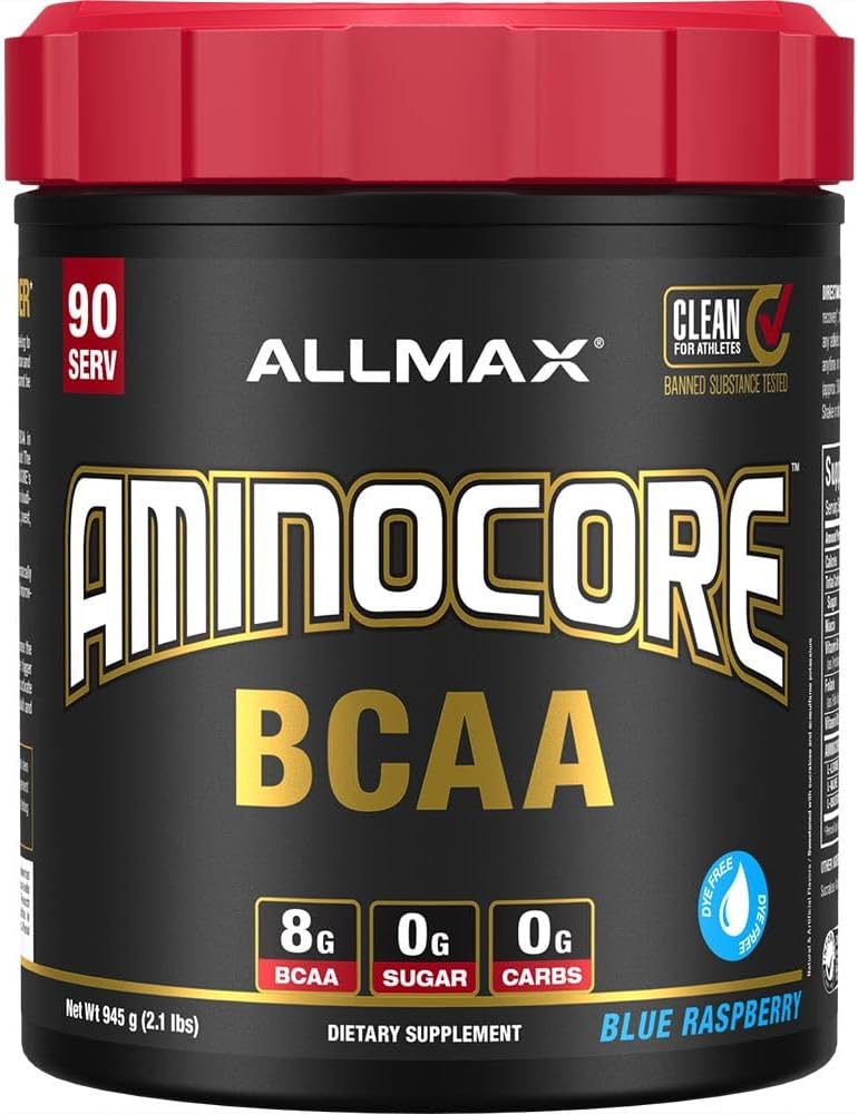 ALLMAX Beslenme AMINOCORE BCAA, Blue Raspberry - 945 g Toz - 8.18 Sınıflı Zincir Amin Asitleri - B Vitaminleri ile - No Fillers veya Non-BCAA Aminos - Sugar Free - 90 servisler