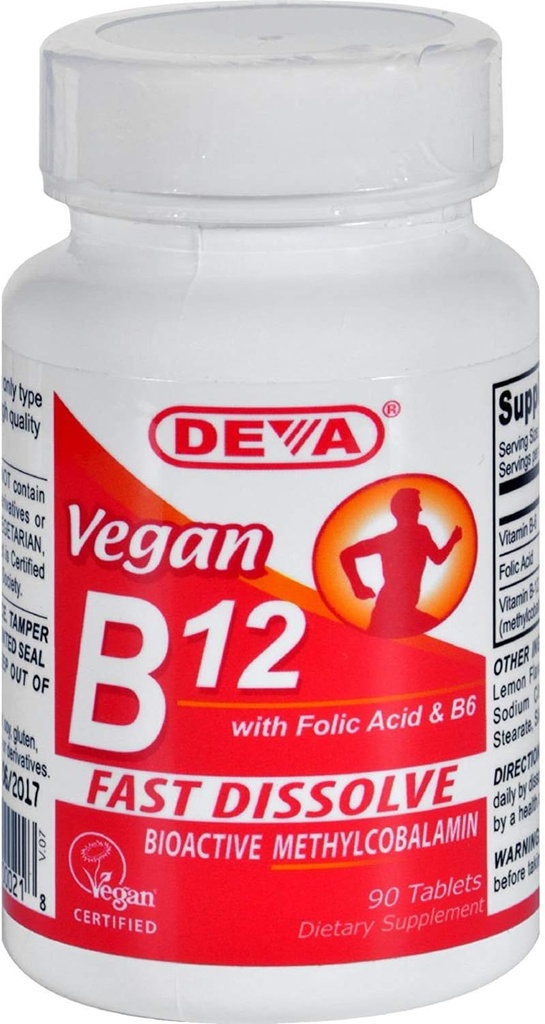 Deva Nutrition Vegan B12 Sublingual 1000 mcg with Folic Acid and B6 Not Certified Kosher - 90 Tablet by Deva Nutrition