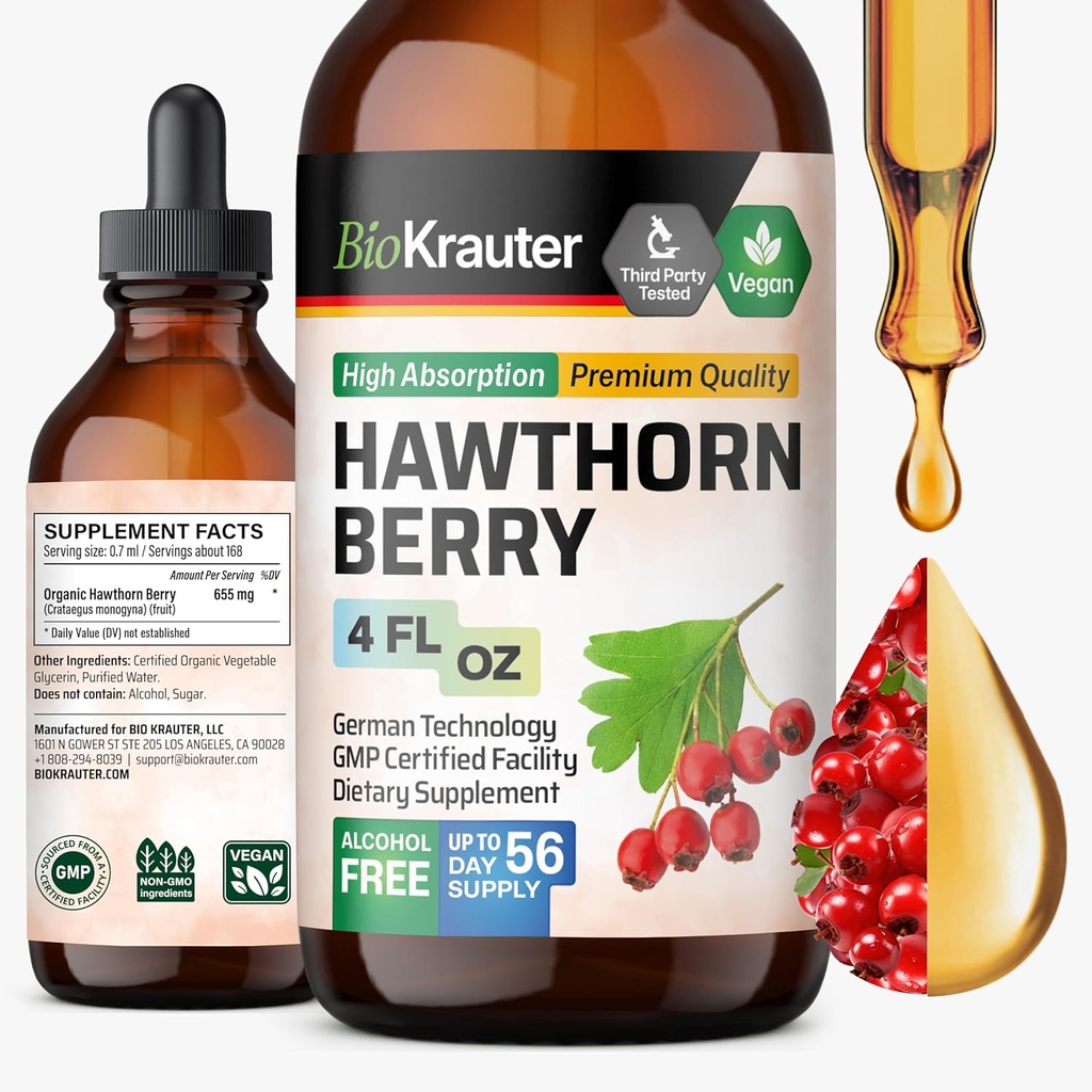 BIO KRAUTER Hawthorn Berry Extract Tincture - Natural Hawthorne Berry Supplement - 100% Pure Formula - Vegan Sugar & Alkol Free - 4 Fl. Oz. - 56 Tedarik Günü