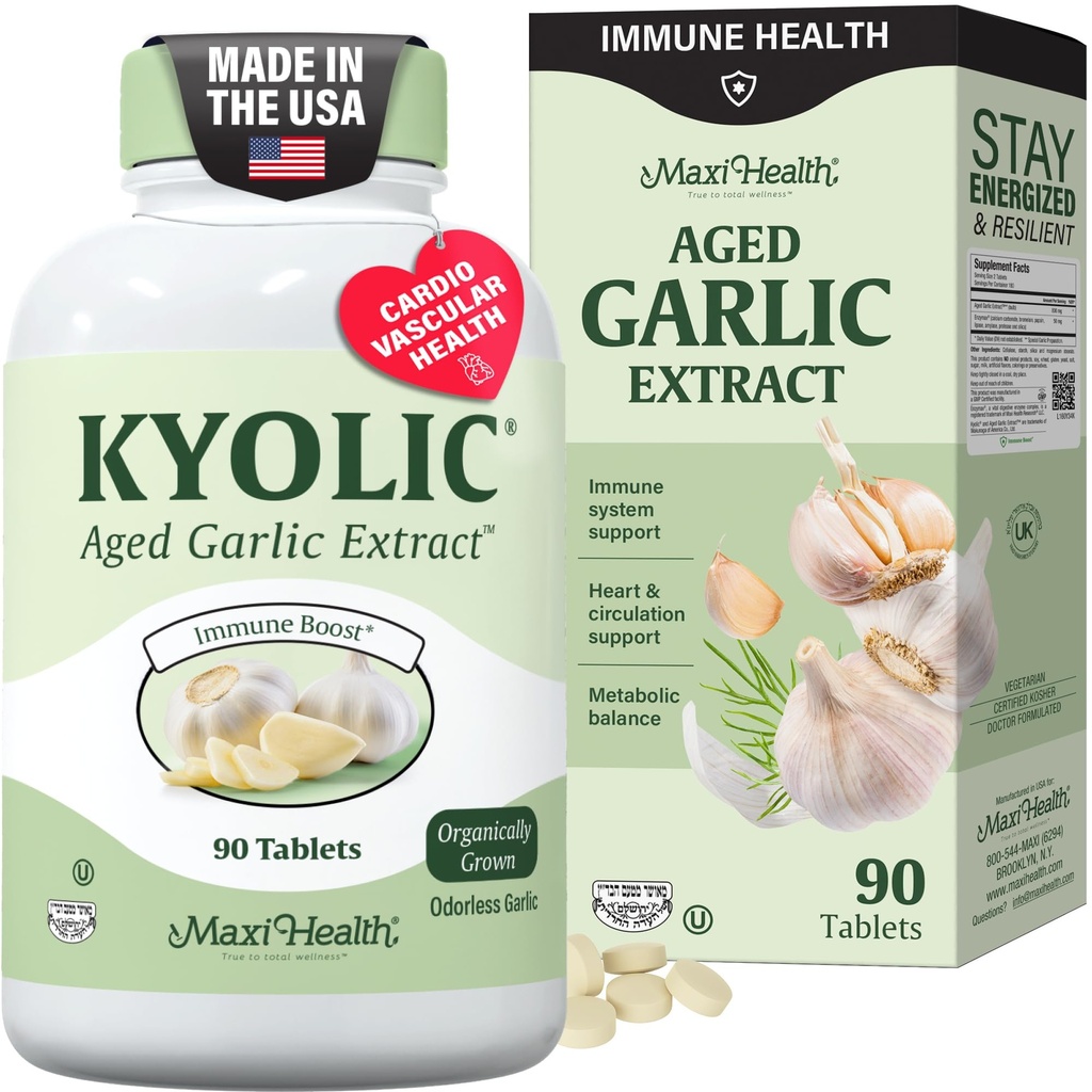 Maxi Health Kyolic Organic Σκόρδο συμπλήρωμα - Kosher Σκόρδο δισκία με Κιολικό Εκχύλισμα Σκόρδων Ηλικίας για Ανοσολογική Υποστήριξη - Χορτοφαγικά Σκόρδα Χάπια (90 Count)