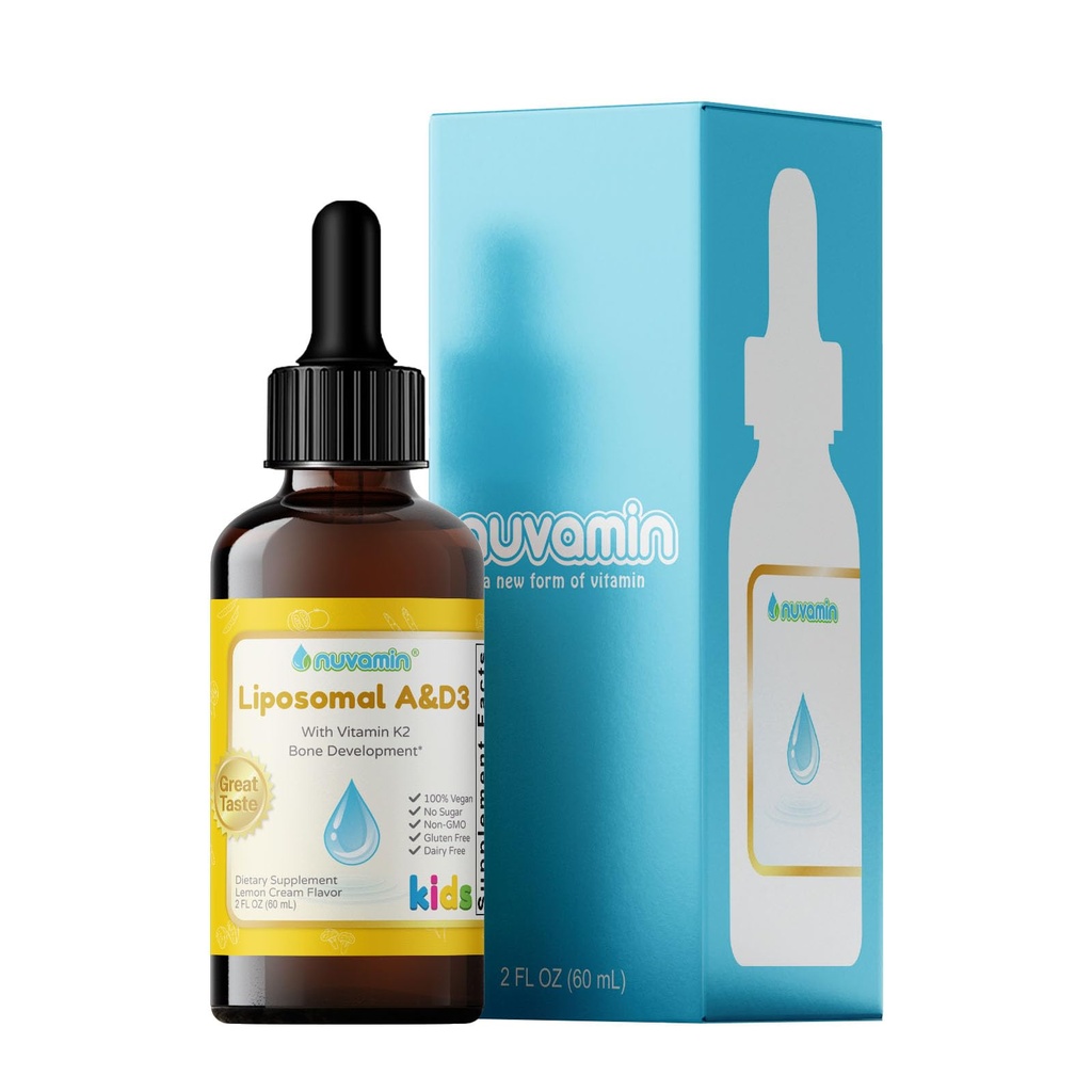Nuvamin – Liquid Liposomal Vitamin A & D3 D3 Drops with K2 for Baby Toddlers Kids & Adults, 800 IU/mL, 2 FL.Oz (60ml), 120 Daily Serving, Great Taste - All Natural - Superior Revortion, Lemon Flavor
