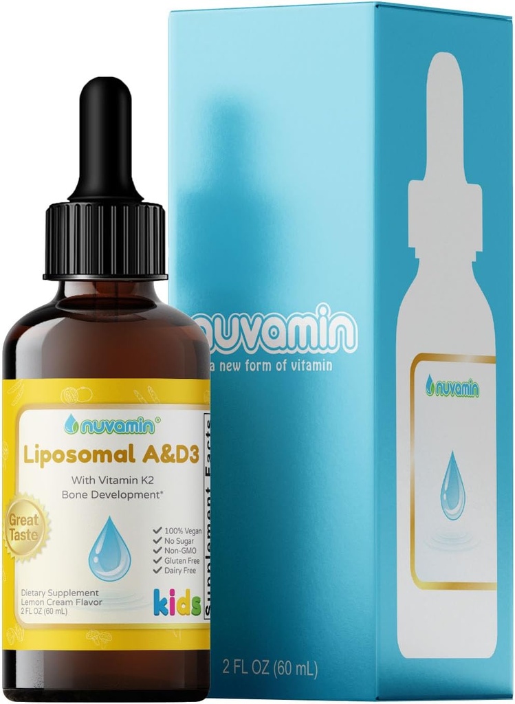 Nuvamin – Sıvı Liposomal Vitamin A & D3 Bebek Toddler Çocuklar ve Yetişkinler için K2 ile Düşüyor, 800 IU/mL, 2 Fl.Oz (60 ml), 120 Günlük Hizmet, Büyük Tadı - Tüm Doğal - Üstün Aborpsiyon, Limon Flavor