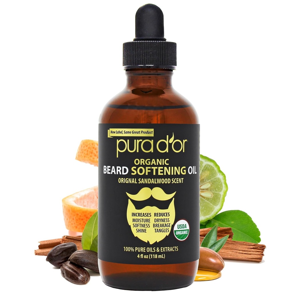 PURA D'OR 4 Oz ORGANIC Beard Softing Oil - Original Sandalwood Scent - Leave-In Durumer, Argan & Jojoba Oil - Mustache Care & Bakım, Softness & Strength - Beard Hair, Skin & Face