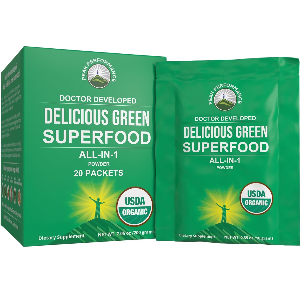 Peak Performance Organic Greens Superfood Toz Single Seyahat Paketleri. En İyi Tasting Organic Green Juice Super Food with 25+ All Natural Materialss for Max Energy. (20 Pack)