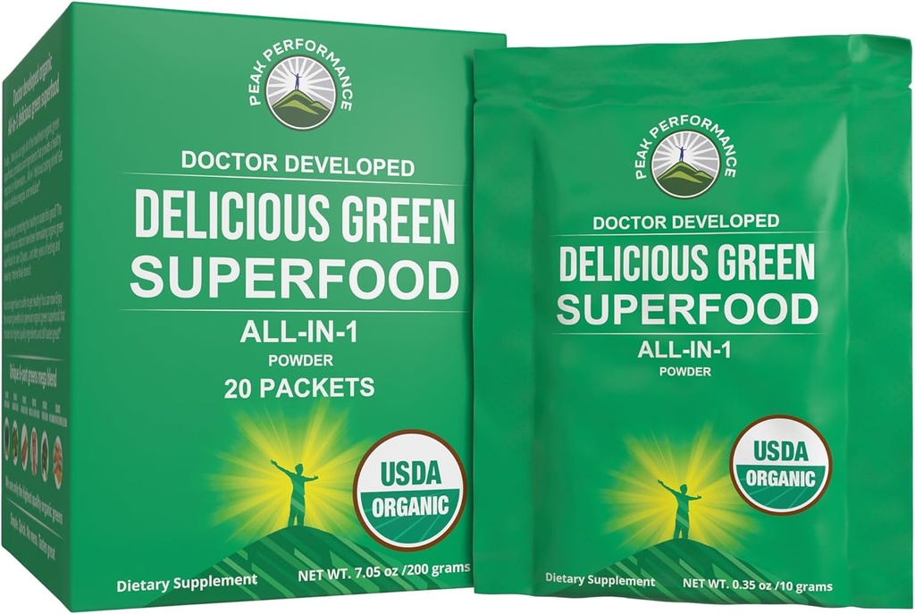 Peak Performance Organic Greens Superfood Toz Single Seyahat Paketleri. En İyi Tasting Organic Green Juice Super Food with 25+ All Natural Materialss for Max Energy. (20 Pack)