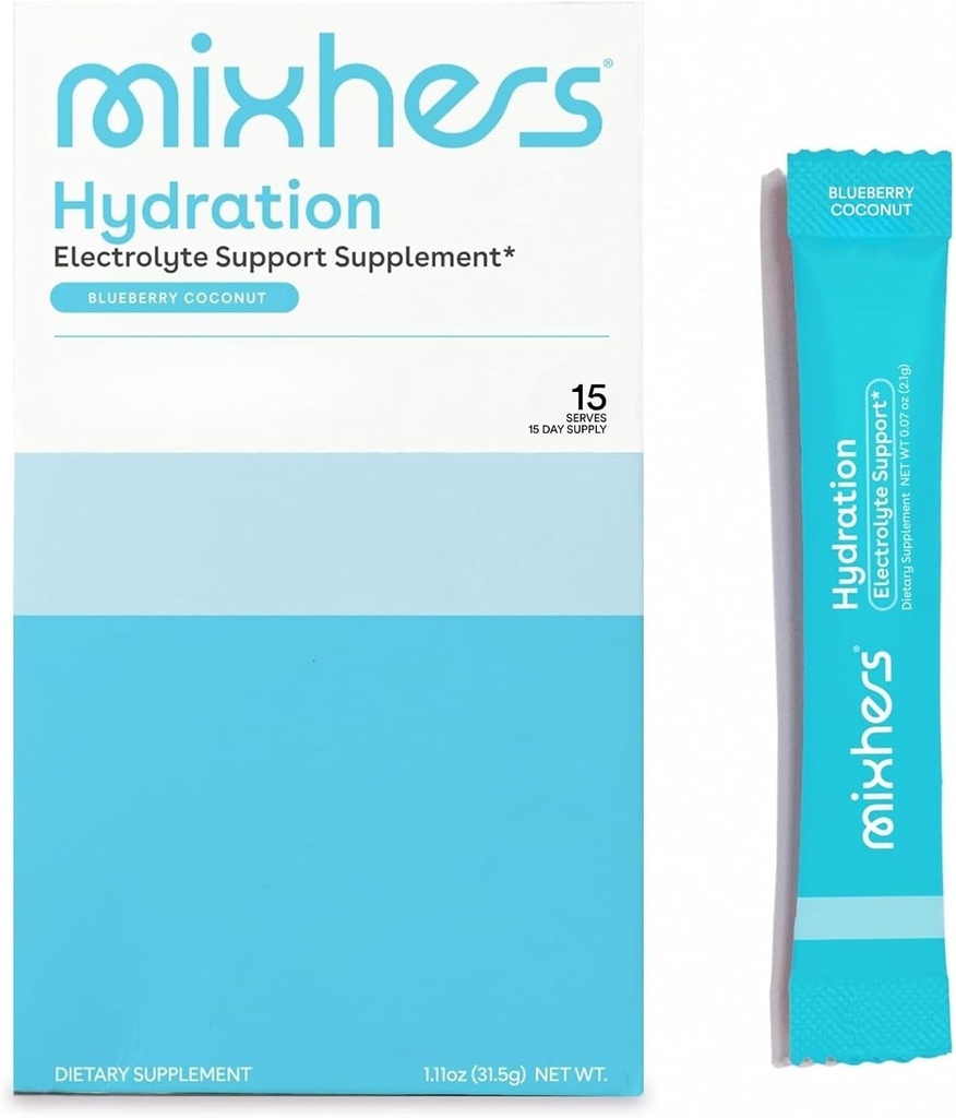 MIXHERS Hydration Electrolyte Support Supplement |Hydration Drinks with Vitamin C, Iron, & çinko | Sugar-Free & Plant-Based | Blueberry Coconut Flavor | 15 Stick Packets